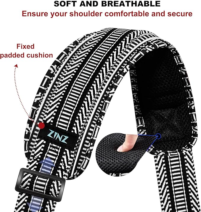 ZINMARK Shoulder Strap 59 inch, Extra-Thick Fixed Cushion Pad and Dual Clasps Universal Replacement Strap for Bags, Camera, Crossbody，Lawn mower -Black White Jacquard