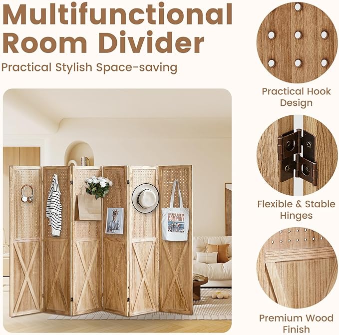6 Panel Pegboard Room Divider, 5.6Ft Pegboard Display Folding Privacy Screens, Wood Room Divider Peg Board Display Freestanding for Trade Show Craft Show Home Wall Organizer, Light Brown