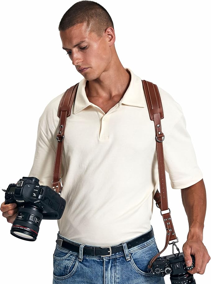 Padwa Lifestyle Tan Dual Camera Harness Strap for Two-Cameras - Dual Shoulder Full Grain Leather Harness,Multi Double Camera Gear for DSLR/SLR Strap,Double Camera Harness for Photographers