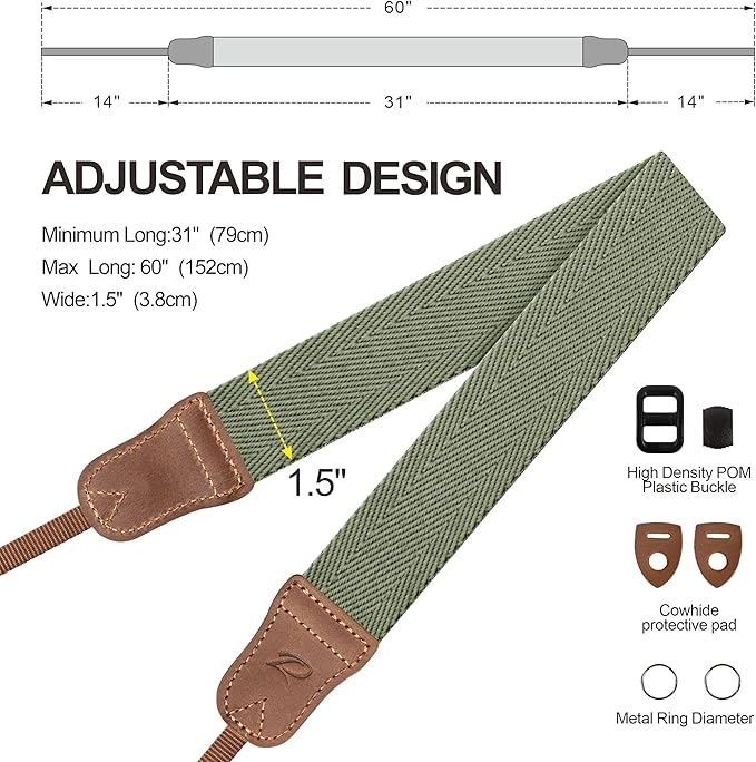 Padwa Lifestyle Light Green Camera Strap - 1.5" Wide Vintage Crazy Horse Cowhide Head Cotton Straps,Adjustable Woven Neck Shoulder Camera Straps for All DSLR Cameras and Photographers Christmas gift