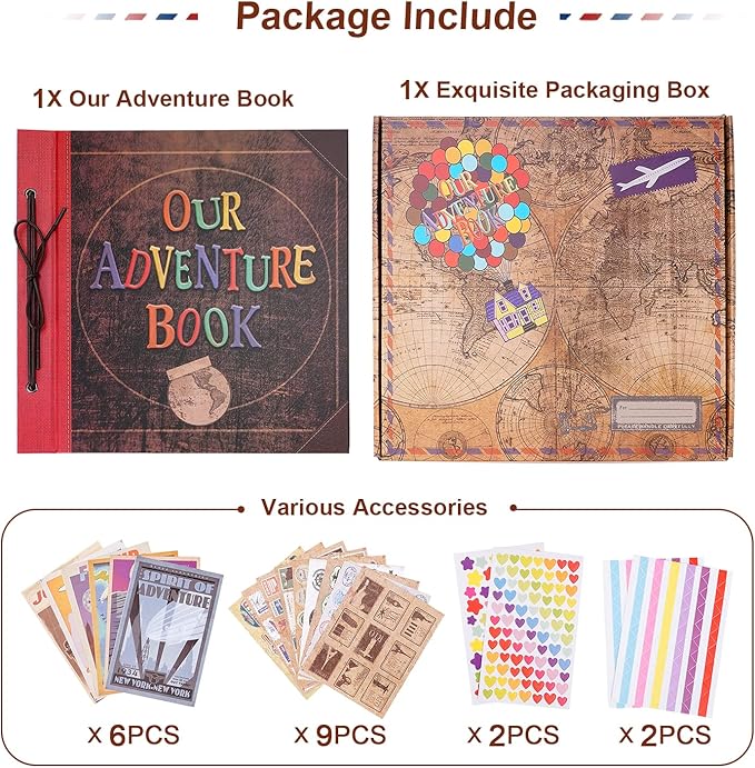 Big Size 12x12 Inch 60 Pages Scrapbook Photo Album,Our Adventure Book 3D Retro Embossed Letter Hard Cover Movie Up Travel Journal Memory Book For Couples,For Best Friend Gift
