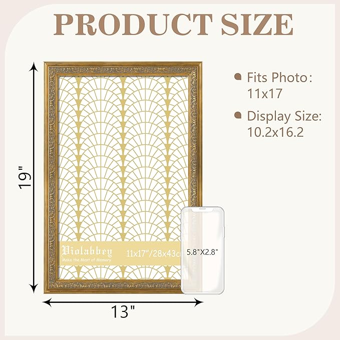 VIOLABBEY 11x17 Picture Frame Gold, Vintage Photo Frames Ornate without Mat for Wall Hanging