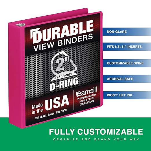 Samsill Durable 2 Inch Binder, Made in The USA, D Ring Binder, Customizable Clear View Cover, Magenta, Holds 475 Pages
