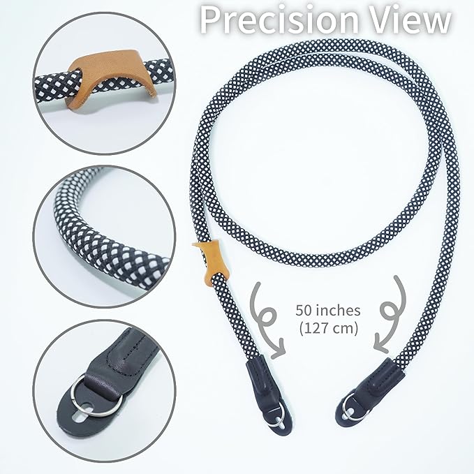 Little Fire Craft Camera Strap Crossbody Camera Neck Shoulder Strap 127cm Climbing Rope for Photographers Lanyard 10mm Thick - Black/white