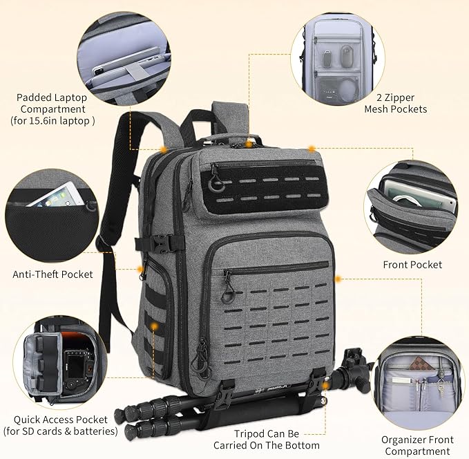 HAMBOLY Professional Camera Bag Backpack, Large Waterproof Photography Bag Case for DSLR/SLR/Mirrorless Camera with Tripod Holder/15.6’’ Laptop Compartment/Rain Cover