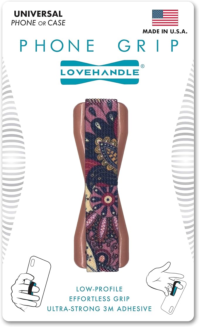 LOVEHANDLE Phone Grip for Most Smartphones and Mini Tablets, Rose Paislies Design Colored Elastic Strap with Mauve Rose Base, LH-01RosePaislies