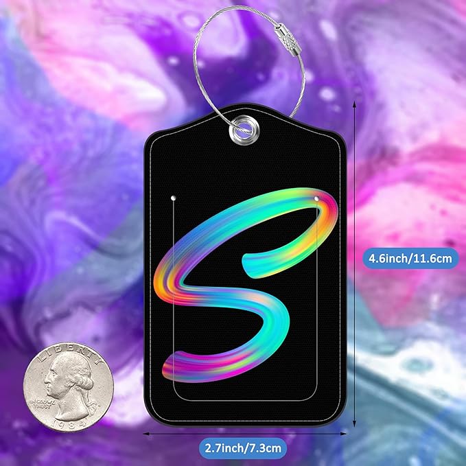 Luggage Tags for Suitcase,2 Pack Neon Colorful Letters Luggage Tags,Leather Baggage Tags Identifiers with Privacy Name Address Labels and Metal Loop for Women Men Girls Travel,Letter S