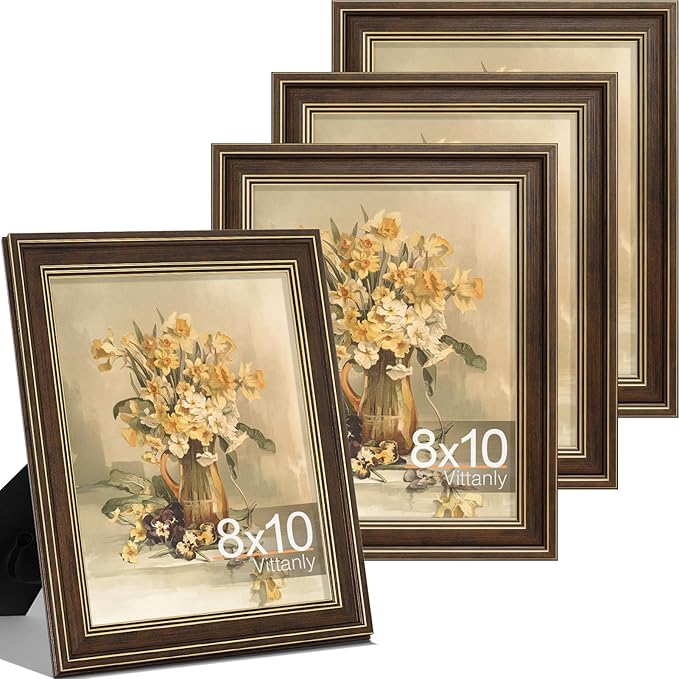 Vittanly 8x10 Picture Frame Set of 4, Vintage Photo Frame for Wall or Tabletop, Display 5x7 Pictures with Mat or 8x10 without Mat, Rustic Farmhouse Home Decor, Brown