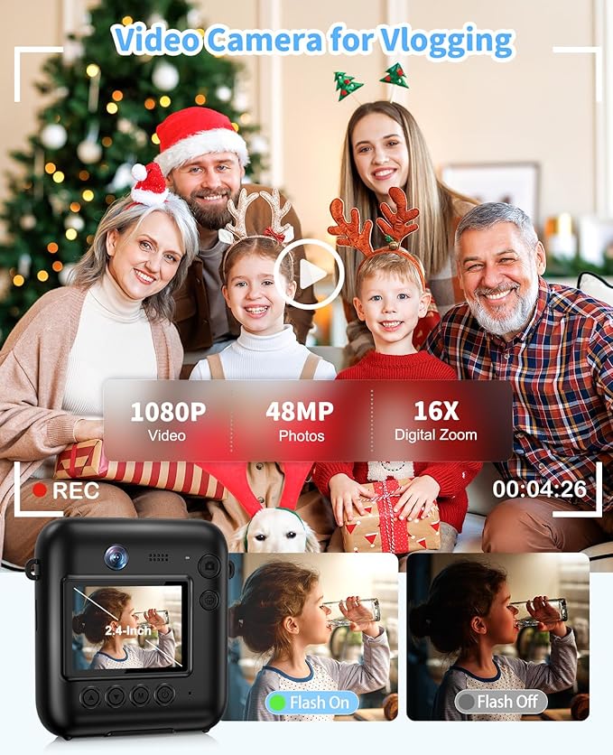 Kids Camera Instant Print, 48MP Dual-Lens Digital Camera for Girls Boys Christmas Birthday Gifts, 1080P Video Selfie Instant Cameras, Portable Toddler for 4-12 Years with 32GB Card-Black