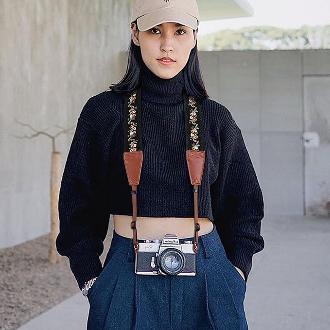 Padwa Lifestyle Camera Strap - 2" Full Grain Leather Ends Camera Straps for Photographers, Vintage Embroidered Cotton Weave Soft Suede Fabric Padded Strap Quick Release fits All Cameras