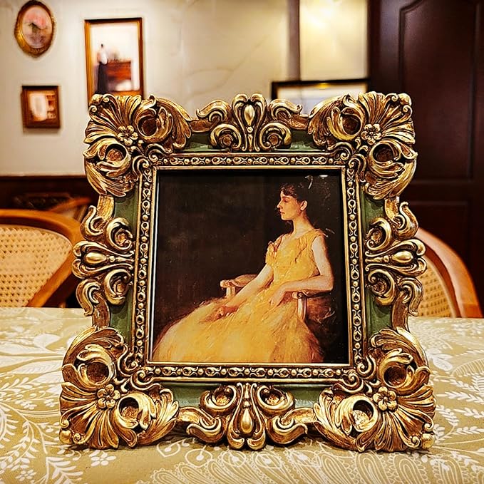 CISOO 4x4 Vintage Small Picture Frame, Antique Ornate Green and Gold Square Photo Frame, for Table Top and Wall Display, Decorative Floral Design Retro Home Decor, Photo Gallery Art