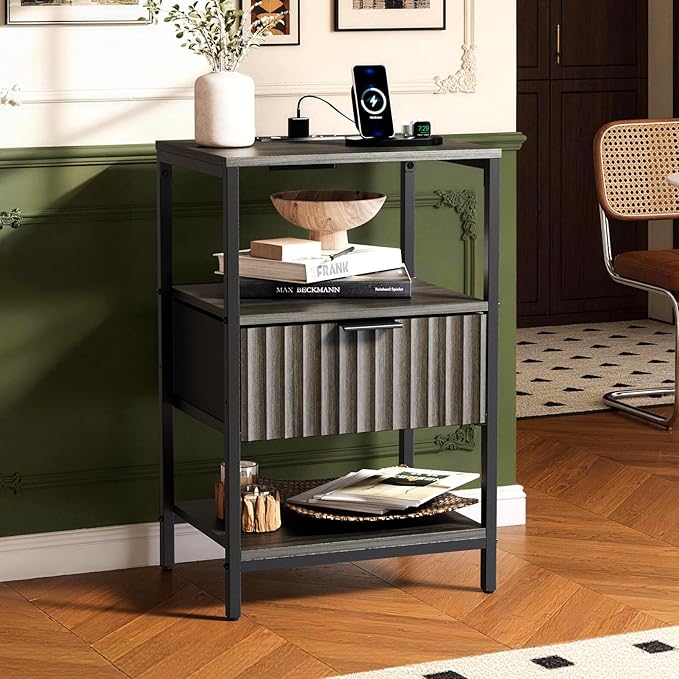 Bonnlo Fluted Nightstand Set of 2, End Table with Fabric Drawer with Charging Station, Night Stand with Storage Shelf & Handle, Fluted Side Table for Bedroom/Living Room,Grey