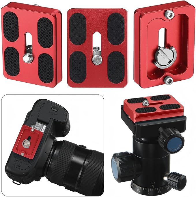 Frienda 2 Pieces Metal Quick Release Plate with 1/4''-20 Camera Screw Tripod Mount Plate Fits Standard for DSLR Camera Tripod Ball Head(Red,Pu50)
