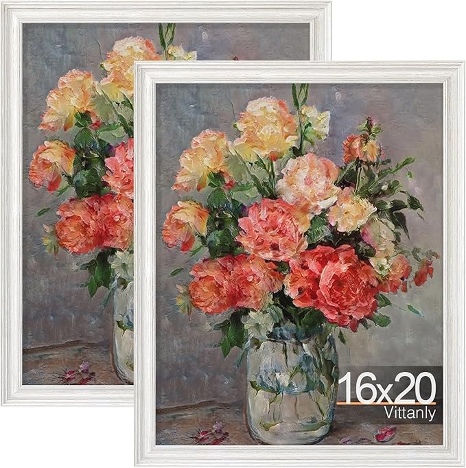 Vittanly 16x20 Picture Frames Set of 2, Ornate Vintage Photo Frame for Wall Mount, Display 11x14 Pictures with Mat or 16x20 without Mat, Rustic White
