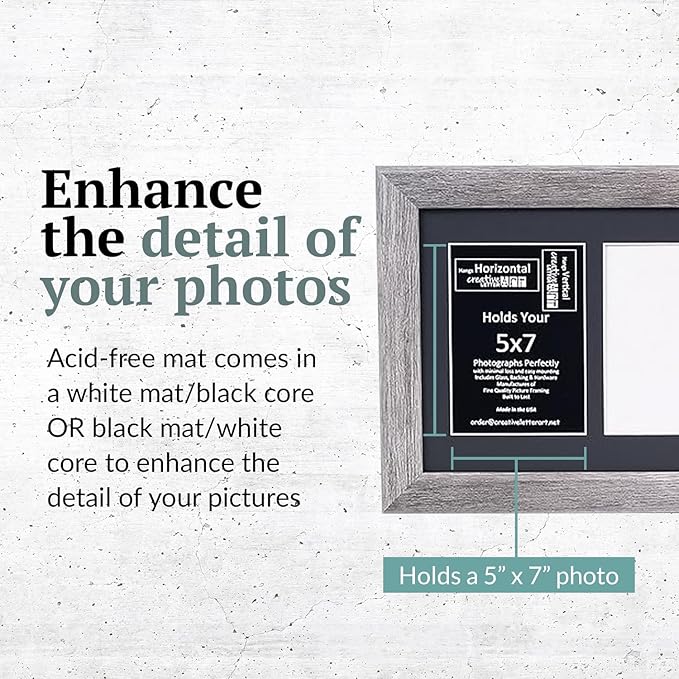 Creative Letter Art 4 Opening Driftwood Picture Frame with Glass to hold 5 by 7 inch Photographs including 10x24-inch Black Mat Collage