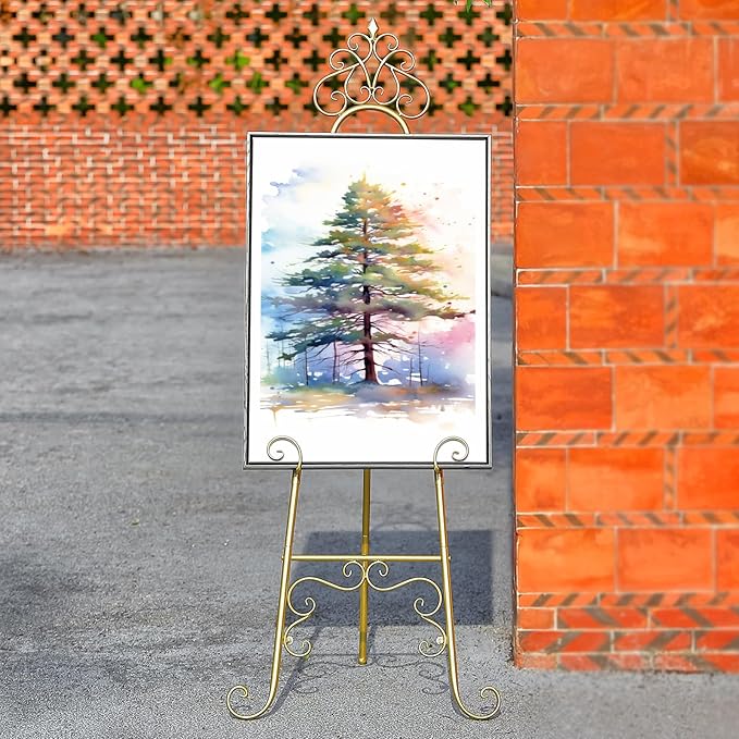 Metal Easel Stand for Sign with Chain Support, Gold Extra Large Scroll Floor Standing Easel for Display Wedding Sign Picture Frame Mirror, 59" H × 22" L × 20" W