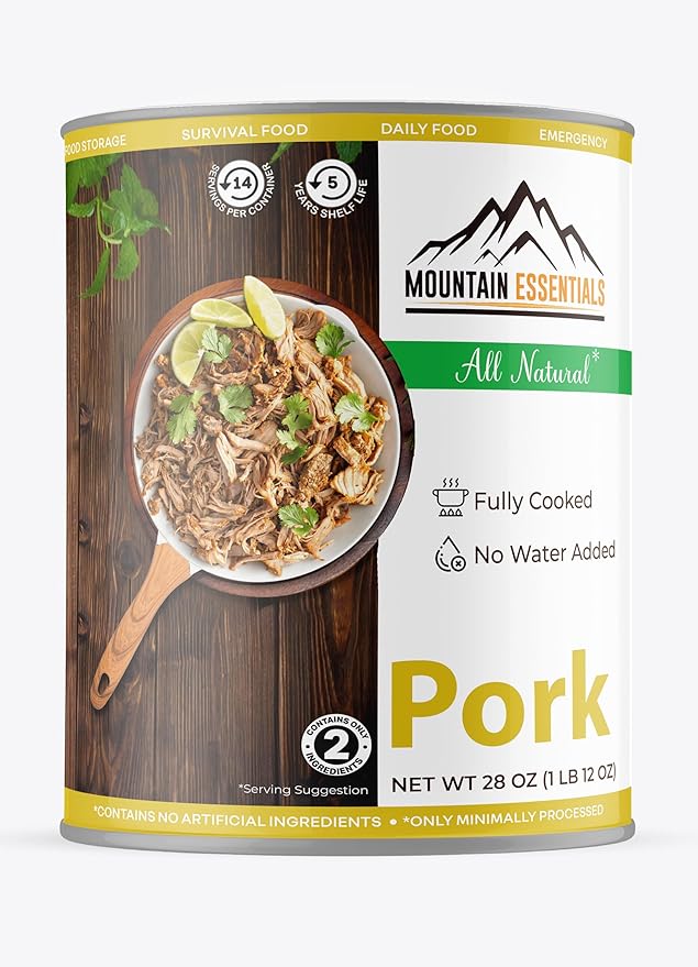 MOUNTAIN ESSENTIALS Canned Pork 28 Oz – Fully Cooked, Ready to Eat – Pantry Staple Canned Meat for Everyday Meals, Emergency Survival & Bulk Food Storage – 5-Year Shelf Life – Made in USA – 6 Pack