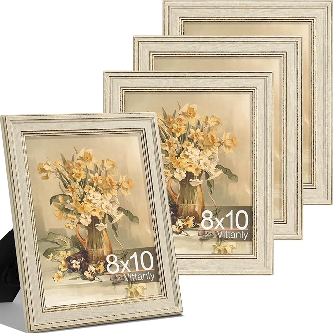 Vittanly 8x10 Picture Frame Set of 4, Vintage Photo Frame for Wall or Tabletop, Display 5x7 Pictures with Mat or 8x10 without Mat, Rustic Farmhouse Home Decor, Rustic White