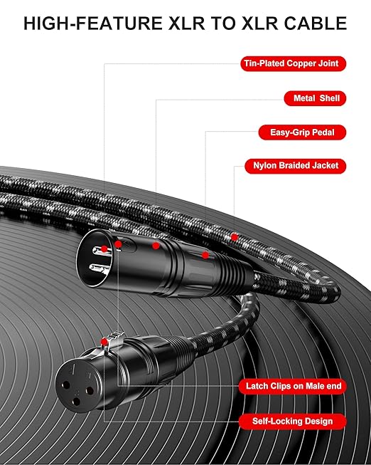 Microphone Cable XLR Cables 15 Feet 2 Pack X LR Male to Female Balanced Microphone Cord 3 pin, XLR Cable, 15ft Mic Cord, Black & White Nylon Braided for Recording Mixer Amplifie Speaker