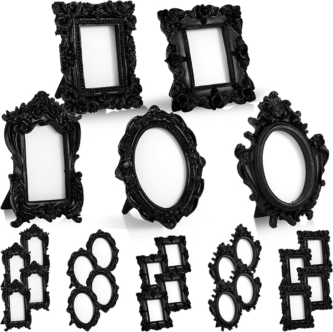 Maitys 25 Pcs Mini Picture Vintage Frames with Stands Tiny Antique Photo Baroque Ornate Resin Oval Frame Table Top Display Home Wedding Decor (Black)