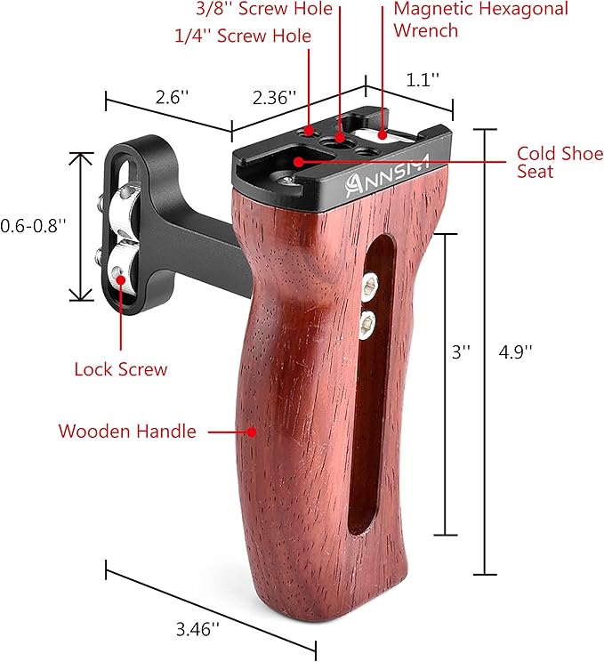 Side Wooden Handle Grip for DSLR Camera Cage, Cold Shoe Mount, Built-in Wrench, Threaded Holes, Left Right Compatible iPhone/Smartphone/Video Rig Videography/Camera Cage