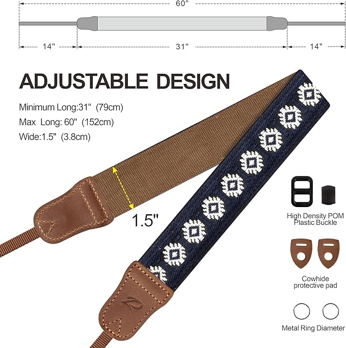 Padwa Lifestyle Camera Strap - 1.5" Crazy Horse Cowhide Head Cotton Strap,Vintage Embroidery Camera Straps for Photographers and All Cameras,Cute Adjustable Shoulder Neck Strap for Adults & Kids