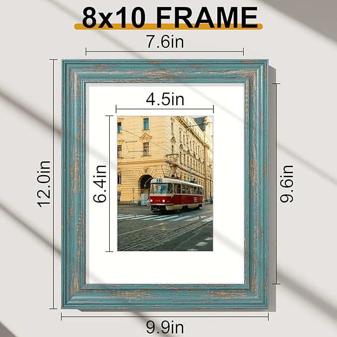 Vittanly 8x10 Picture Frames Set of 2, Ornate Vintage Photo Frame for Wall or Tabletop, Display 5x7 Pictures with Mat or 8x10 without Mat, Rustic Blue