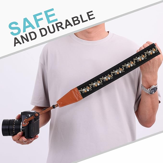 Padwa Lifestyle Camera Strap - 2" Full Grain Leather Ends Camera Straps for Photographers, Vintage Embroidered Cotton Weave Soft Suede Fabric Padded Strap Quick Release fits All Cameras