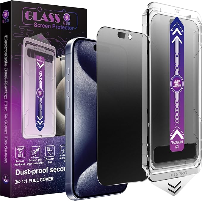 CHRYSHA 2 Pack Matte Privacy Screen Protector for iPhone 15 Pro, 9H Tempered Glass, Full Coverage, Anti-Fingerprint, Auto Dust-Elimination, No Bubble, Easy Installation