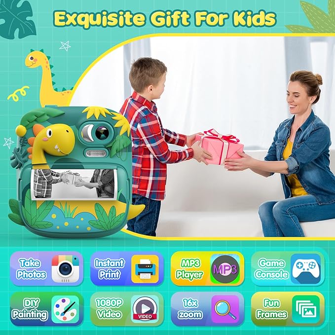 Kids Camera Instant Print, CAMCLID 2.4 Inch Screen Camera for Kids Dinosaur Children Digital Camera with 32GB Card & 3 Rolls Paper, Christmas Birthday Gift Toys for Boys Girls 3-12 Age (Green)