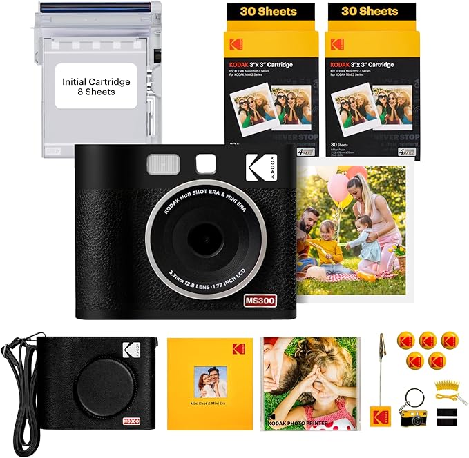 KODAK Mini Shot 3 ERA 4PASS 2-in-1 Instant Camera and Photo Printer (Black, Camera + Initial 8 Sheets + 60 Sheets + Accessories)