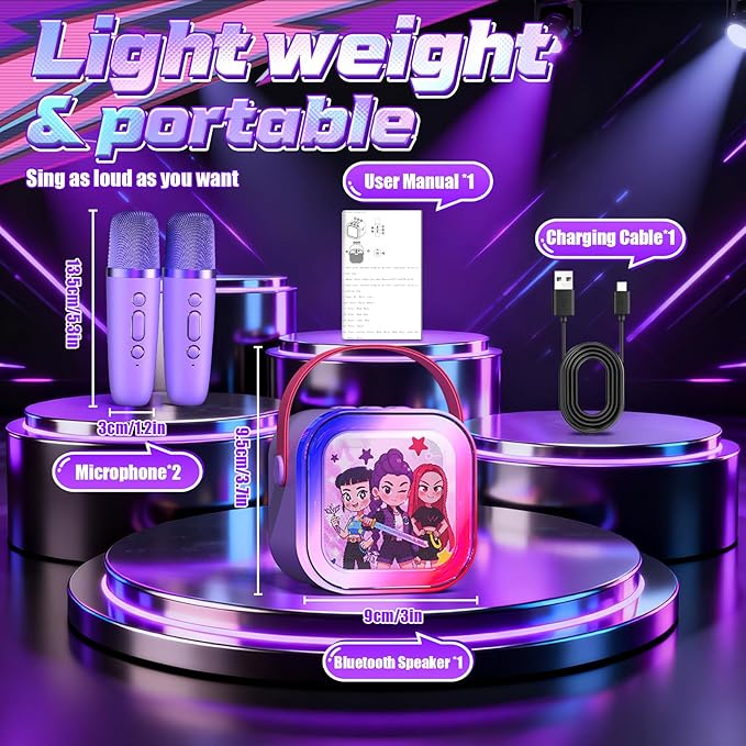 Mini Karaoke Machine for Kids,5 Voice Effects - Portable Bluetooth Speaker with 2 Wireless Mics LED Lights for Boys Girls Ages 3-12| Kids Karaoke Machine Birthday Gift Toy for Singing,Party & Play