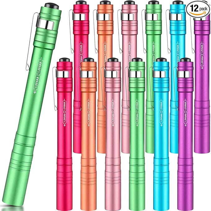 12 Pack LED Penlight Bulk, Pocket Flashlight with Clip, Aluminum Pen Flashlights Mini Pen Light for Nurses Hospital Outdoor Camping Emergency Hiking(Colorful)