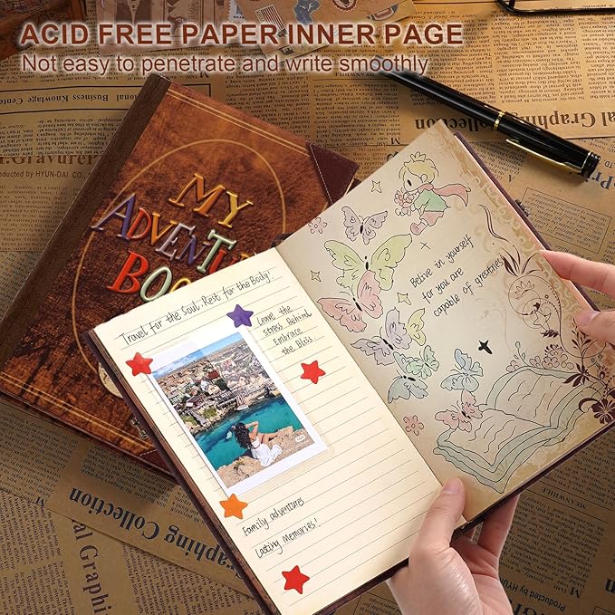 My Adventure Book Journal Scrapbook Album 164 Pages Retro Cowhide Cover Journal Travel Diary,3D Design DIY Handmade Travel Scrapbook Diary for Couples,Anniversary,Wedding,Valentines Day Gifts