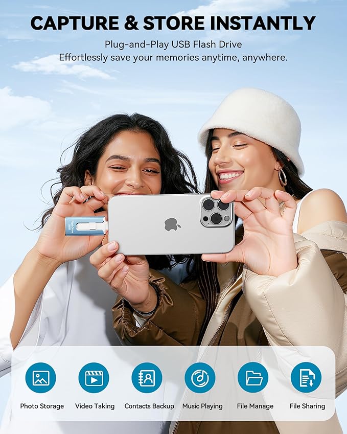 MFi Certified Flash Drive for iPhone iPad 256GB, Photo Stick for External Memory Storage, Easily Back Up and Save Photos Videos, USB Memory Stick Thumb Drive for iPhone/iPad/Android/PC (Sky Blue)