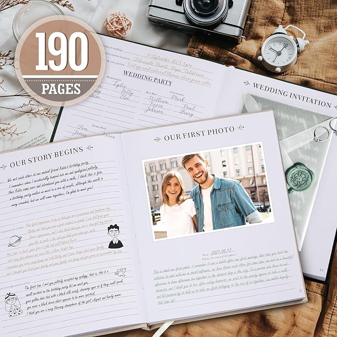 Lanpn Wedding Anniversary Journal Book, Linen Dating 1st to 70th Couple Memory Book Wedding Scrapbook, 190 Pages Love Stories Notebook Newlywed Marriage Anniversary Bridal Shower Gift, Green