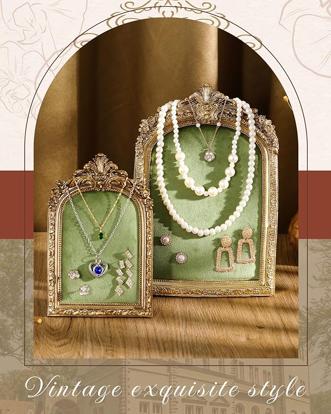 2 Pcs Gold Jewelry Display Stand Vintage Necklace Organizer Ring Holder Earring Tray Resin Jewelry Photography Props Frame with Velvet Backing for Gifts(Green,Large,Small,Elegant)