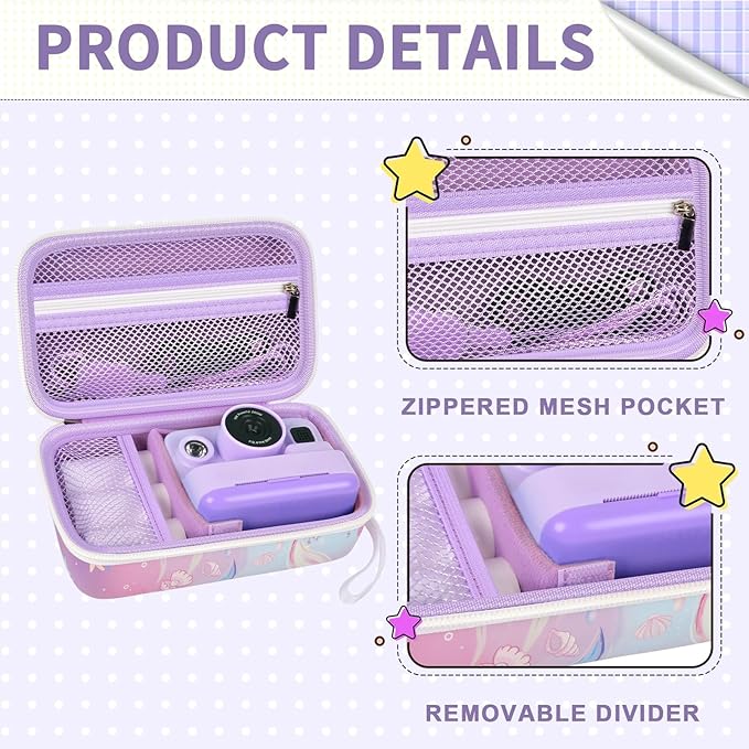 Case Compatible with DYLANTO for ESOXOFFORE for ETIKEZ for YTETCN for DUDUDRAGON Instant Print Camera, Kids Camera Storage for Accessories (Box Only) (Case and 3 Paper Rolls, Purple-fish)