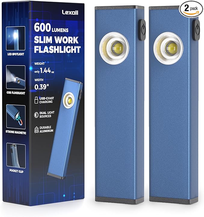 lexall 2 Pack Rechargeable Work Light, 600 Lumens Portable LED Flashlight, Magnetic COB Flat Task Light with Pocket Clip, 3 Modes, Pocket Pen Inspection Light for Repairing, Camping, Hiking, Emergency