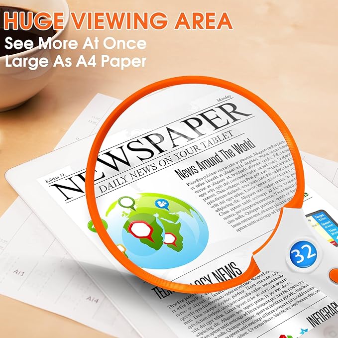 Large Magnifying Glass with Light, Magnifier Handheld Illuminated Lighted Magnifier with 3 LED Lights 1UV Light Storage Bag Clean Cloth for Seniors Reading Inspection (Orange)