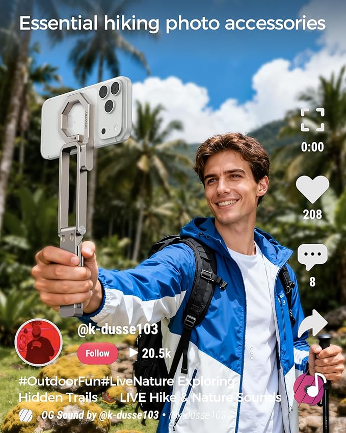 LULULOOK Rugged Magnetic Phone Tripod Stand for iPhone/Pixel 10 - Portable Strong Magnetic Phone Holder for Magsafe - Tripod Mount for iPhone 13/14/15/16/17 Pro Max & Air (Titanium)