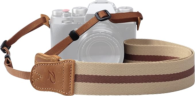 Padwa Lifestyle Stripe Camera Strap - 1.5" Wide Crazy Horse Cowhide Ends Camera Straps for All DSLR Cameras,Universal Adjustable Pure Cotton Woven Strap,Great Gift for Photographers（Beige&Brown）
