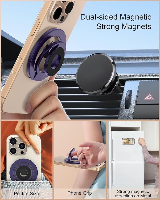 AILKIN Magnetic Phone Ring Holder Grip, Foldable MagSafe Stand for iPhone 17 Pro Max, Samsung, Two-sided Magnetic Phone Kickstand for Desk Stand & Car Mount, Compatible with Wireless Charging - Purple