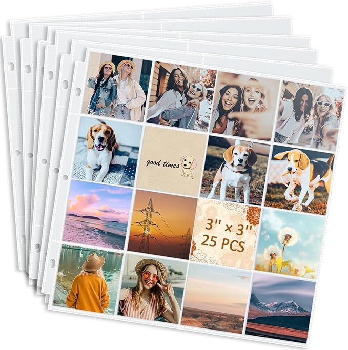 tutata 3x3 Photo Sleeves, 16-Pocket Scrapbook Refill Pages, Page Protectors Fit 12x12 3 Ring Album Binder, 25 Pack