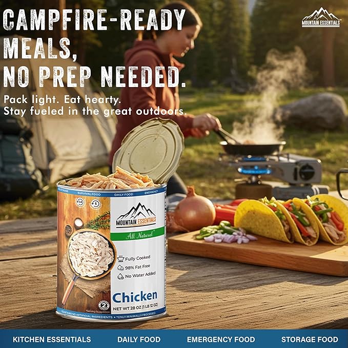 MOUNTAIN ESSENTIALS Fully Cooked Canned Chicken 28 Oz – White Meat for Daily Meals, Camping & Emergency Food – Great for Snack, Lunch, Dinner Recipes – 5-Year Shelf Life – Made in USA – Pack of 1