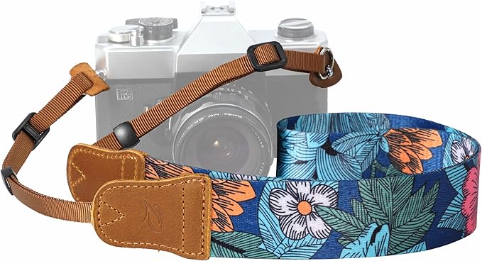 Padwa Lifestyle Camera Strap - 1.5" Soft Nylon Print Crazy Horse Cowhide Head Camera Straps for Photographers and All Cameras,Cute Adjustable Vintage Woven Strap for Adults & Kids(Flower Heart Blue)