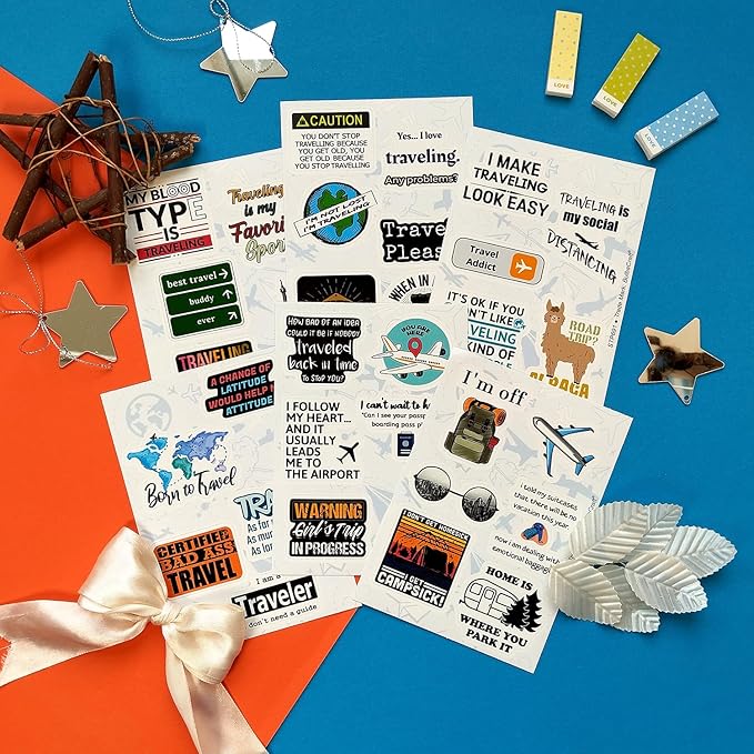 BulbaCraft 100Pcs Funny Travel Stickers, Scrapbook Stickers Travel, Travelers Notebook Accessories, Funny Travel Laptop Decals, Gifts for Women & Men