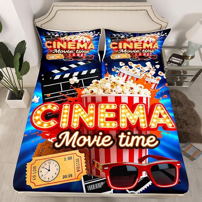 Erosebridal Movie Bed Sheets Set Twin Retro Theater Theme Sheet Set Vintage Cinema Ticket Clapboard Popcorn Print Sheets for Girls Family Home Theater Decor Fitted Sheet Movie Themed Flat Sheet
