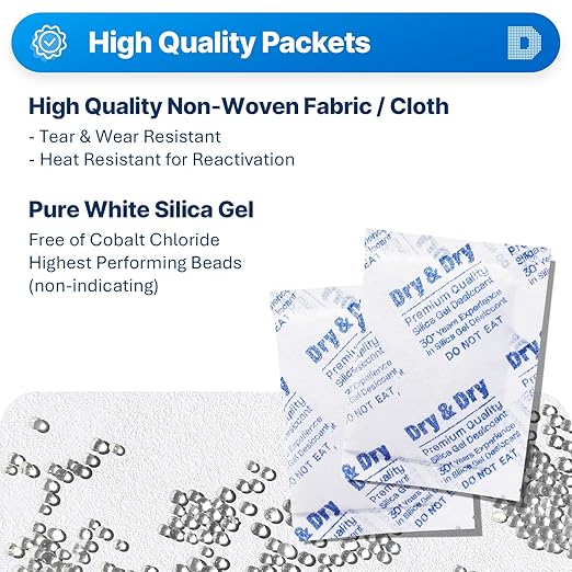 Dry & Dry 10 Gram [30 Packets] Silica Gel Packets, Desiccants - Rechargeable Fabric Silica Gel Packs, Silica Gel, Silica Packets, Desiccant Packs for Storage