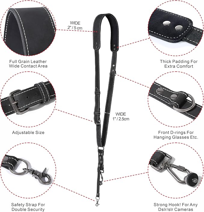Padwa Lifestyle Black Frosted Single Camera Harness Strap for One Camera - Professional Single Full Grain Leather Camera Harness,Quick Release Gear DSLR Camera Straps for Photographers